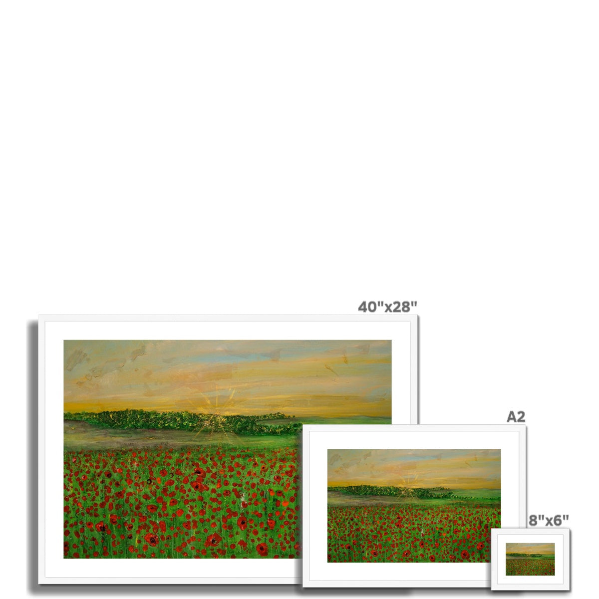 Framed Flanders Fields art print of red poppies under golden sky