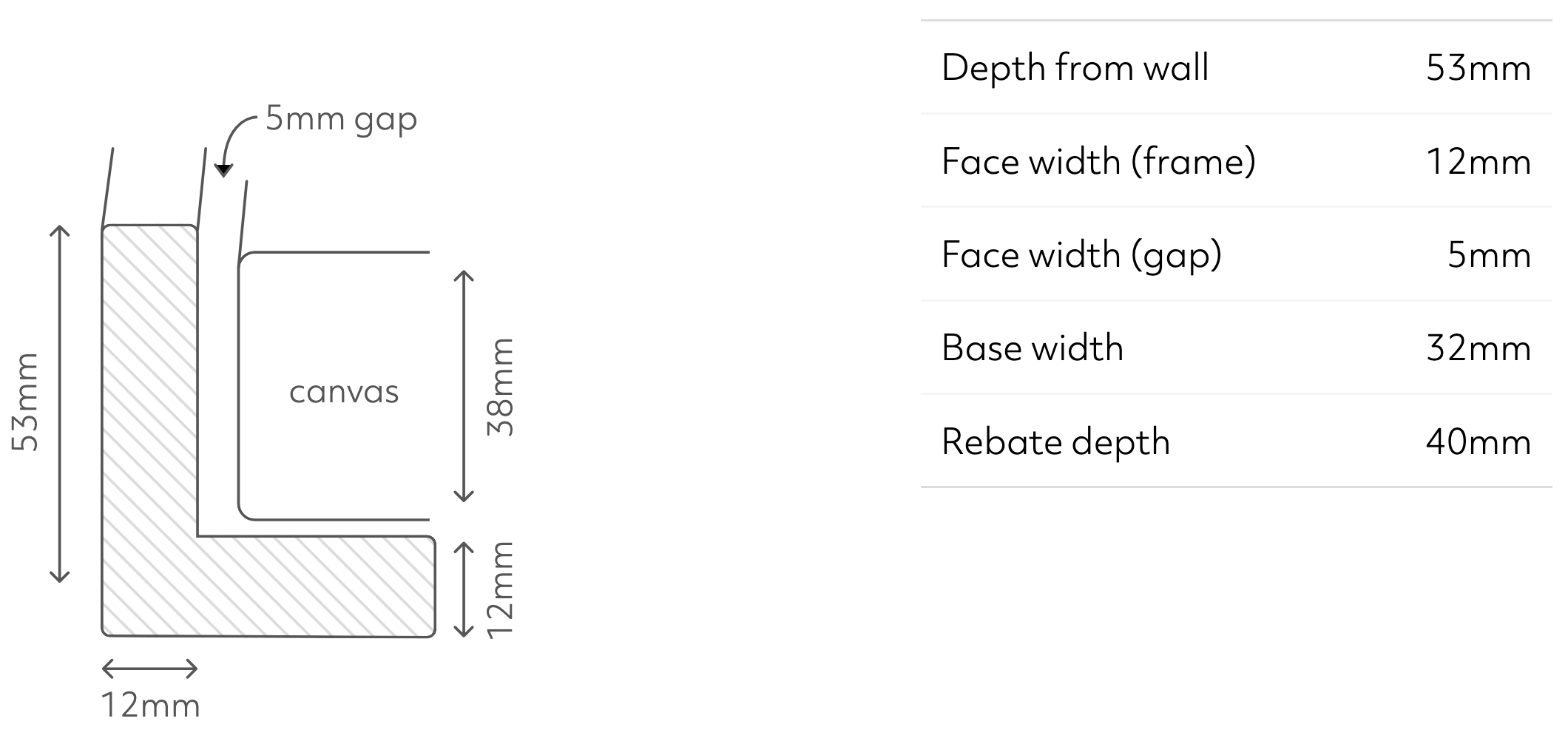 53mm deep Floating Frame with 12mm face width, canvas insert, 40mm rebate