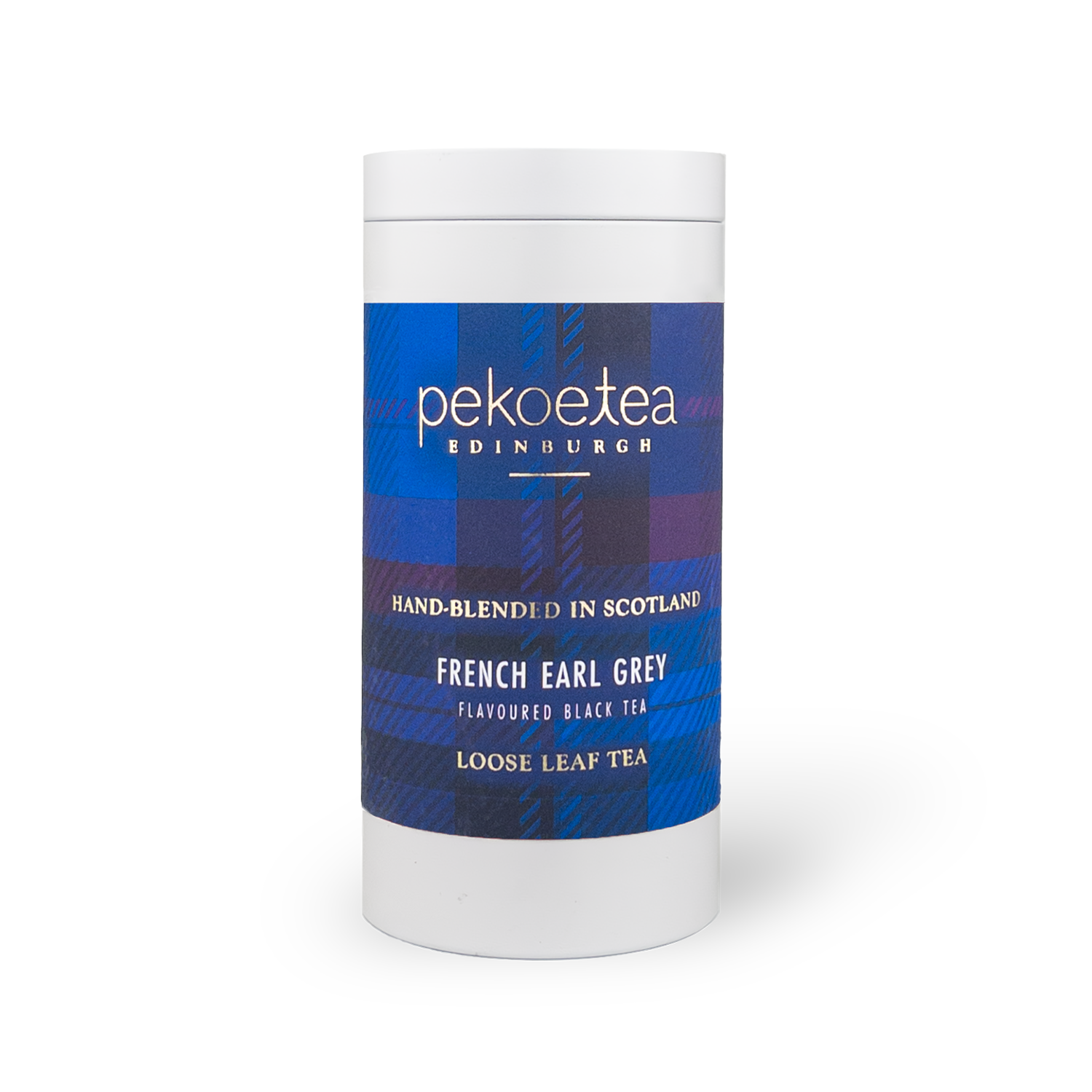 French Earl Grey Pekoe Tea Edinburgh white tin with plaid label