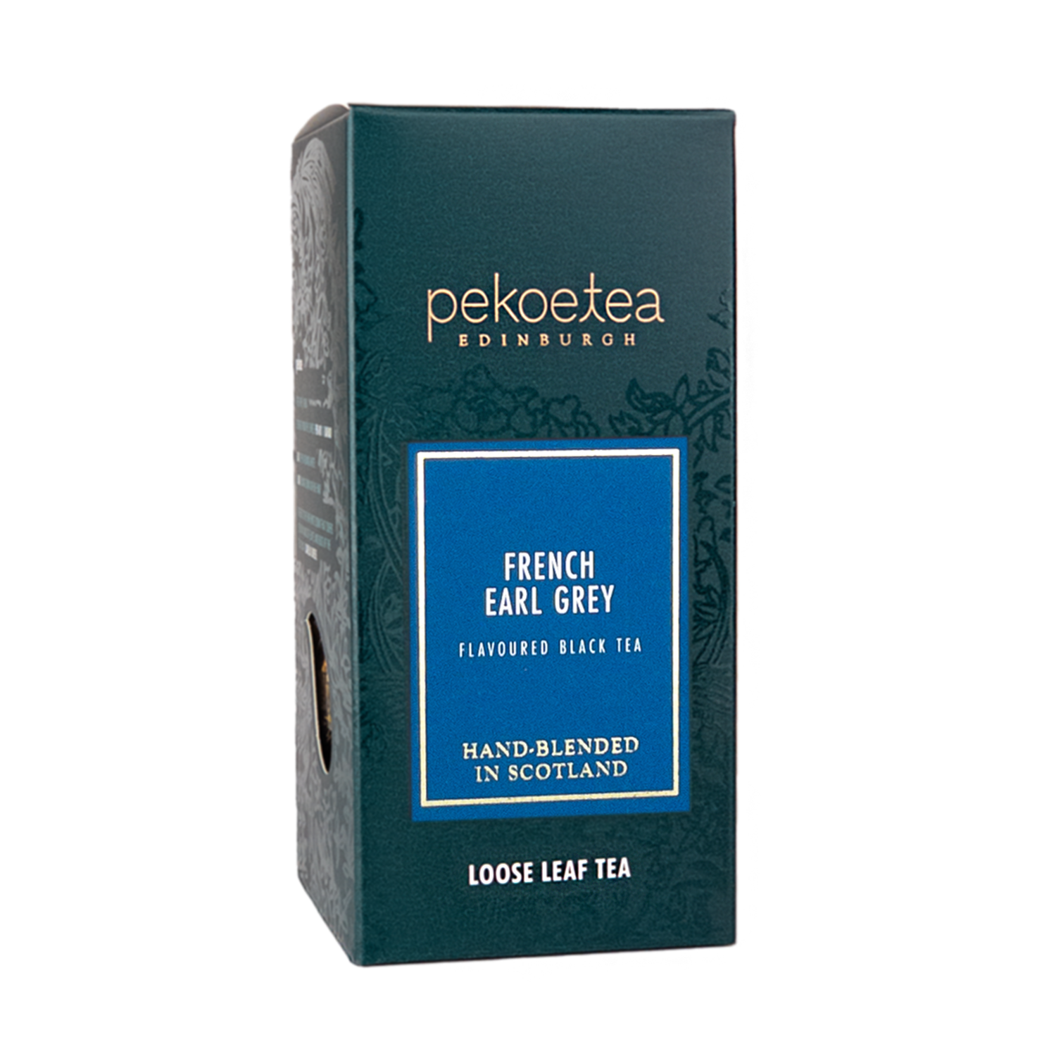 Dark teal French Earl Grey Pekoe tea box, hand-blended in Scotland