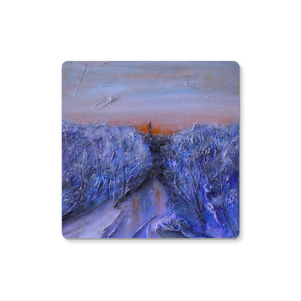 Abstract blue purple orange impasto mountain landscape on Frozen River Kelvin Coaster