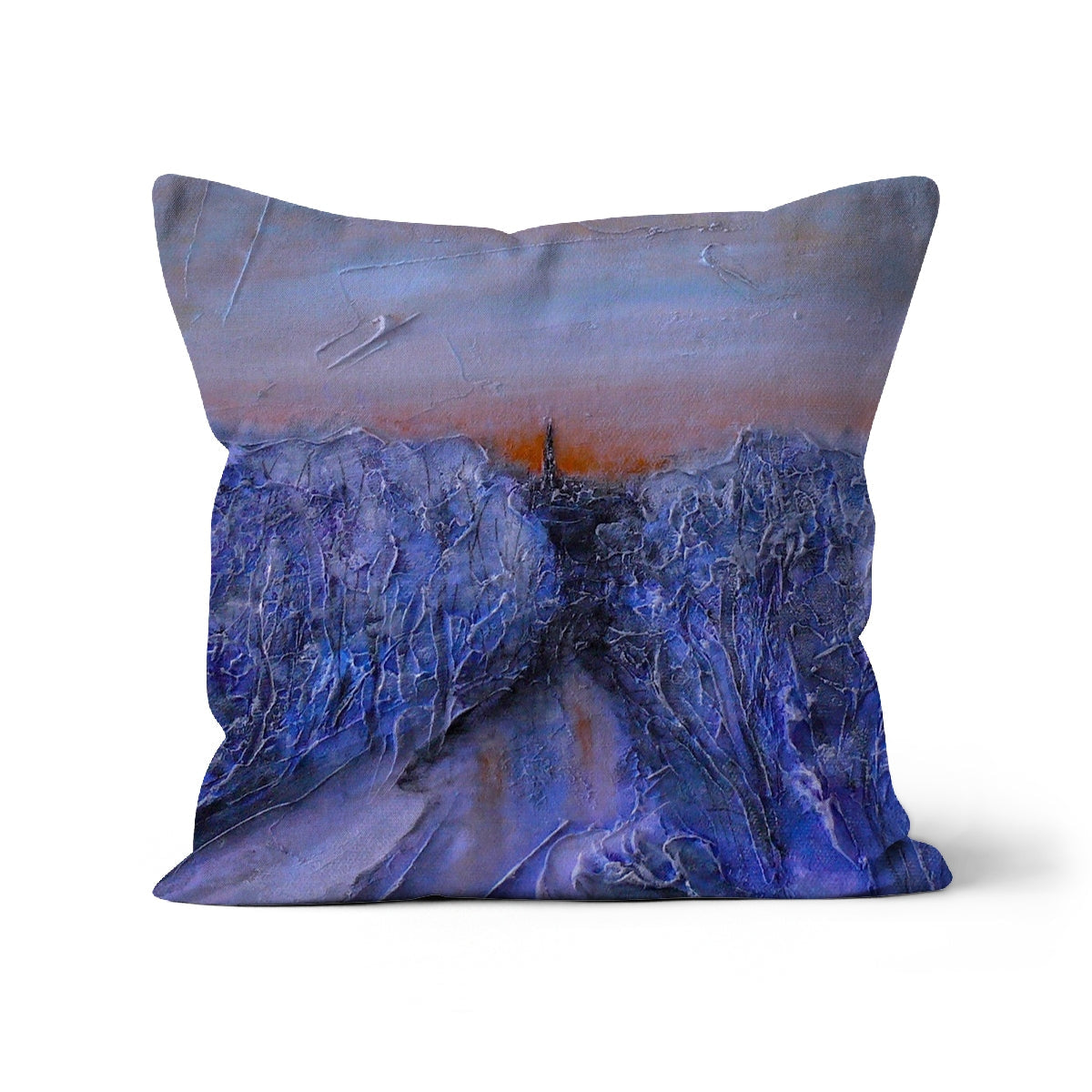 Square Frozen River Kelvin throw pillow with textured blue-purple landscape fading to orange horizon