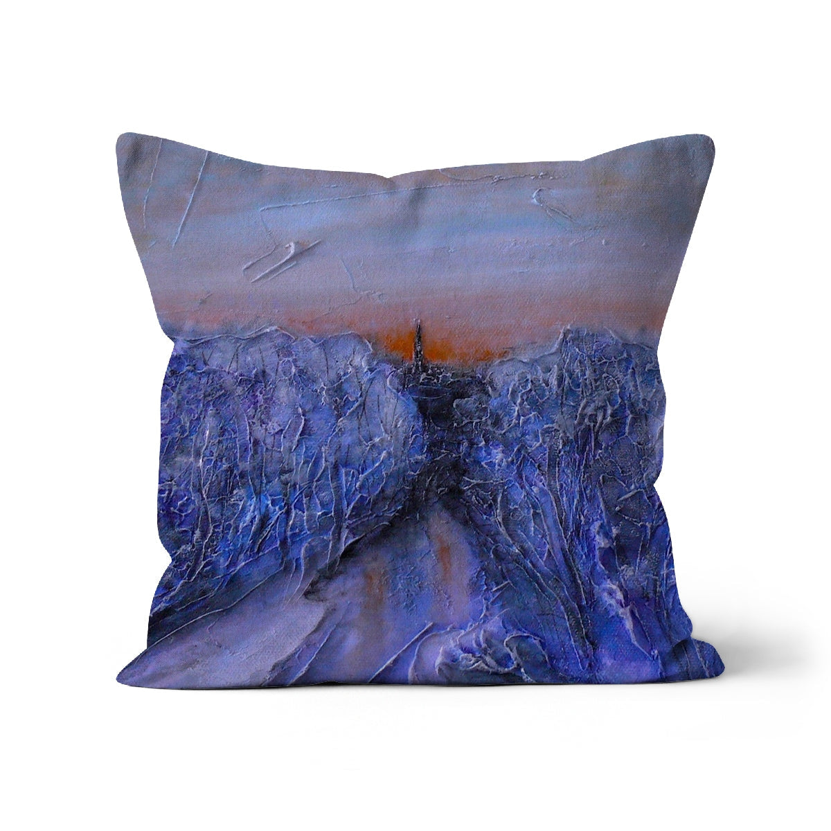 Frozen River Kelvin Cushion: textured blue-purple mountain sunset pillow