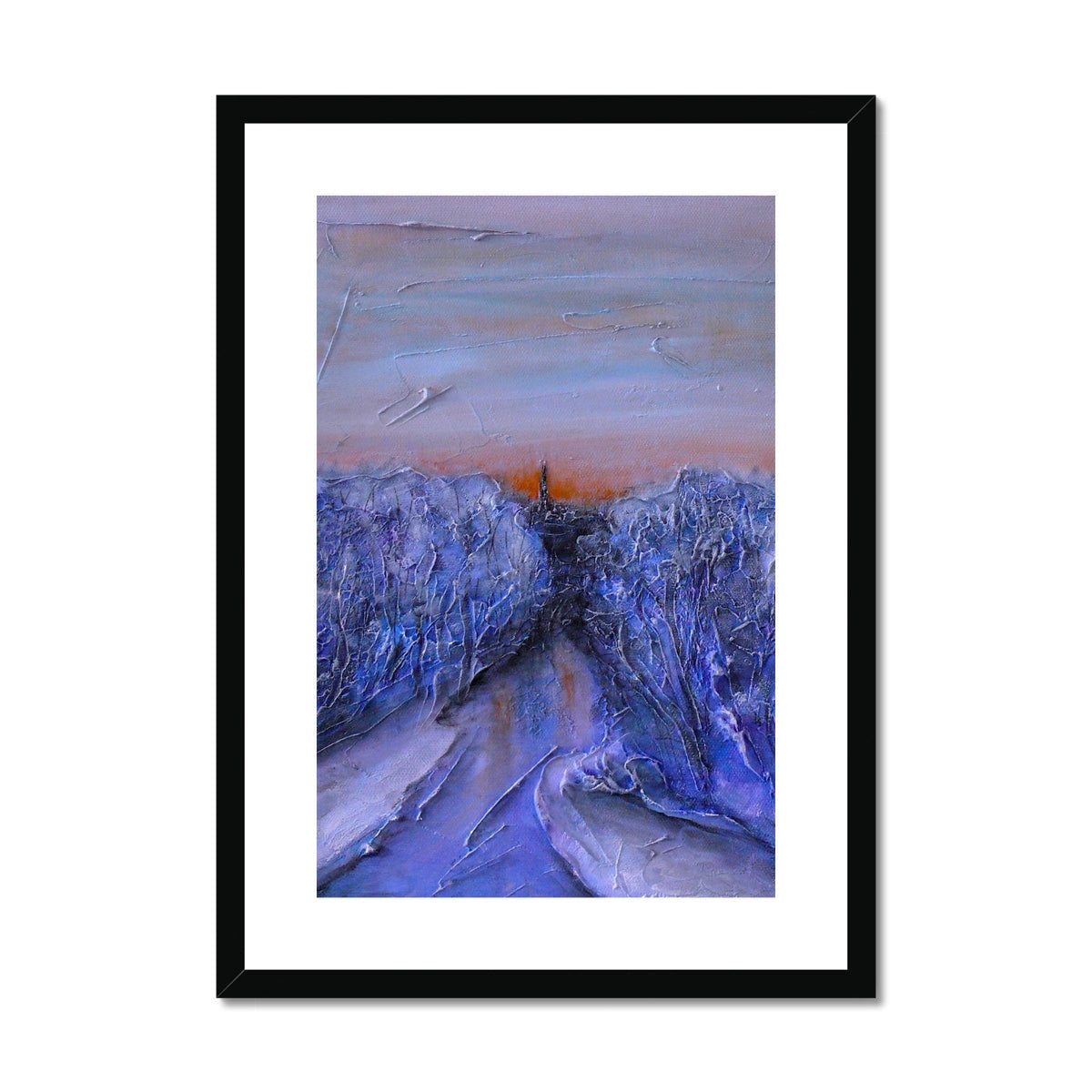 Black framed abstract icy blue purple landscape art print with lone figure on snowy path