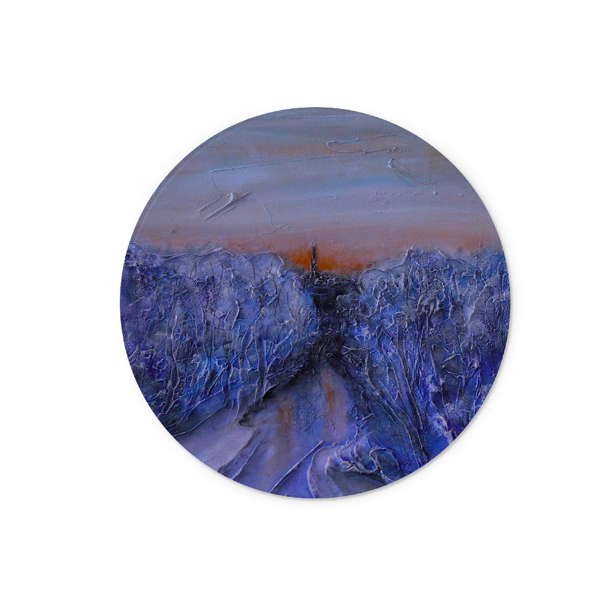 Circular abstract A Frozen River Kelvin glass chopping board in blues and purples