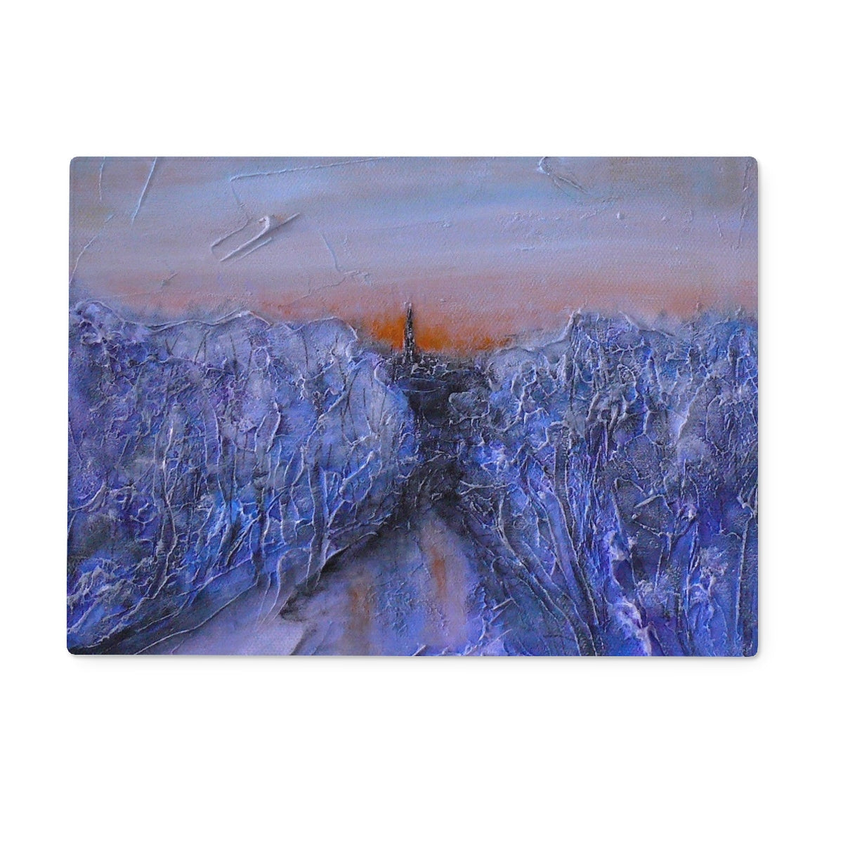 Abstract blue purple mountain painting on Frozen River Kelvin glass chopping board