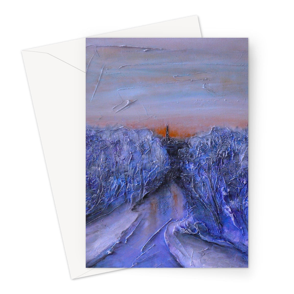 Frozen River Kelvin greeting card: impressionistic mountain landscape in blue and purple impasto under orange sky
