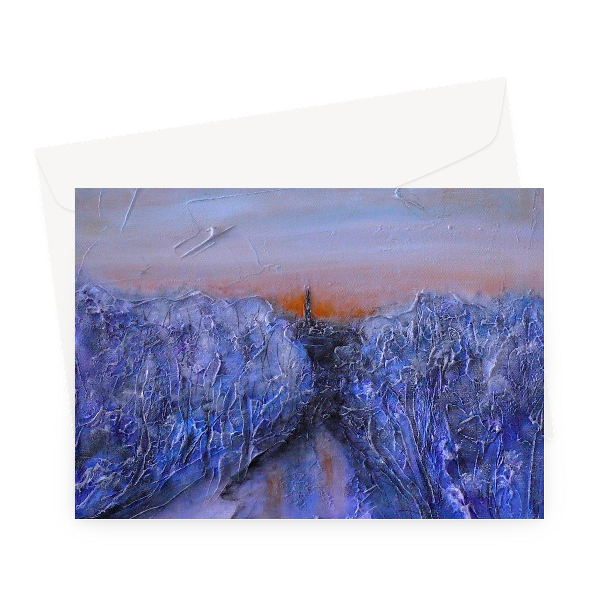 Blue textured abstract landscape greeting card with frozen river path to orange horizon