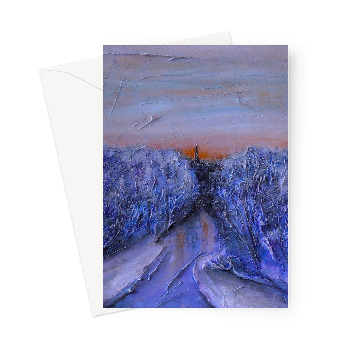 Textured abstract Frozen River Kelvin greeting card with impasto mountains in blue-purple under orange sky