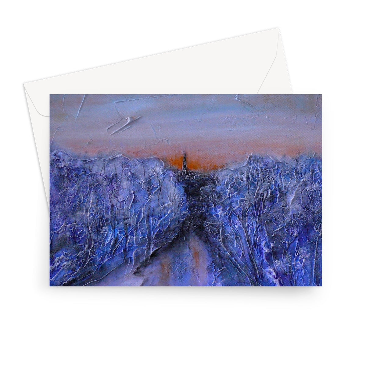 Abstract textured blue purple mountains under orange gray gradient sky greeting card