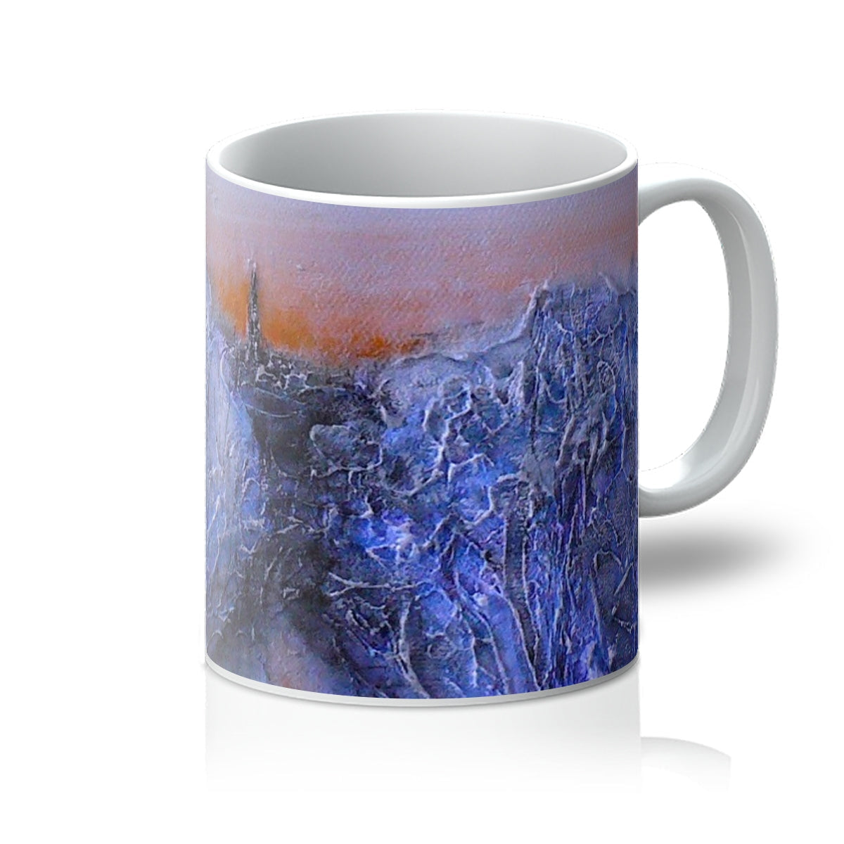 White ceramic Frozen River Kelvin Mug with textured abstract landscape in blues, purples, and orange horizon