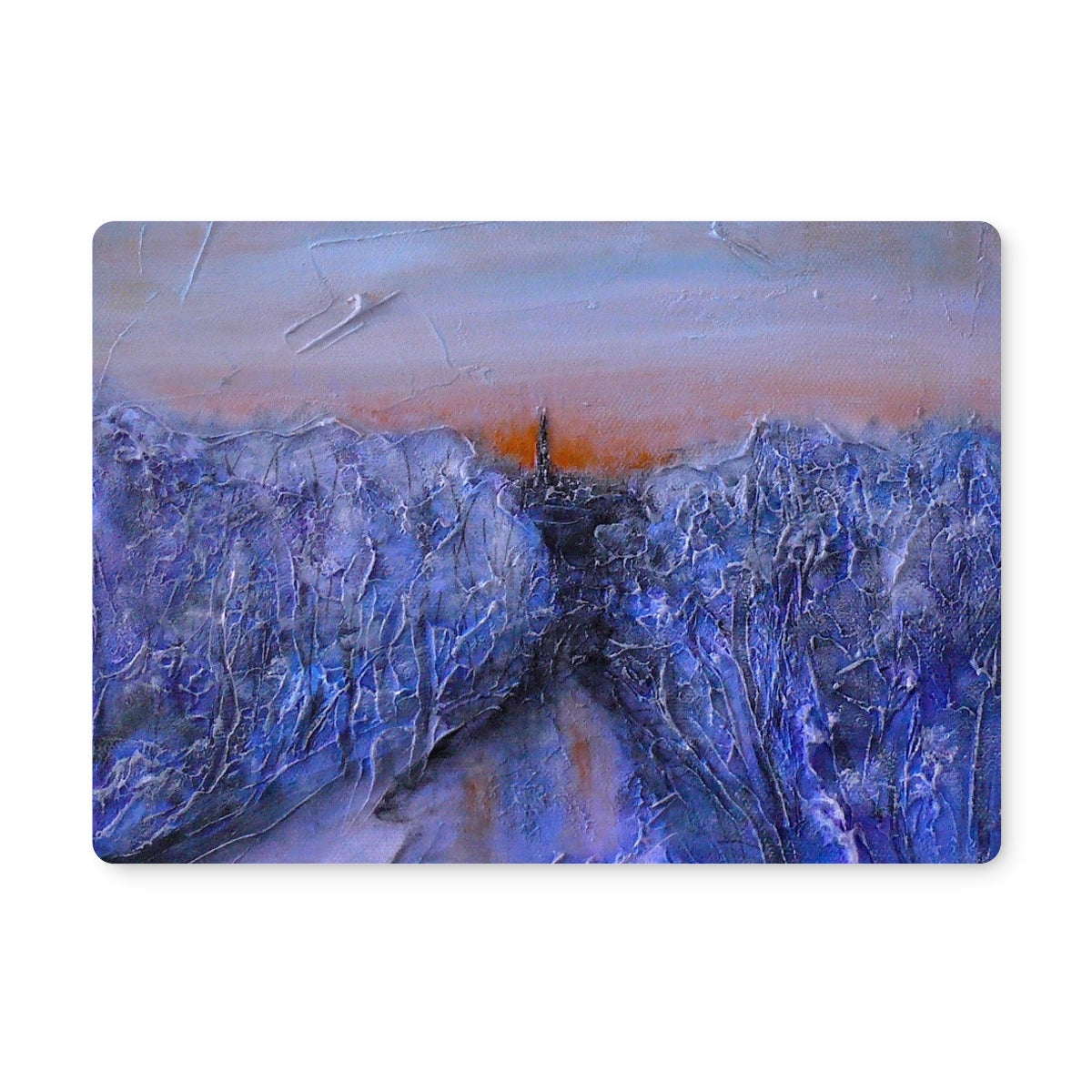 Abstract frozen river landscape in blues, purples, orange horizon placemat