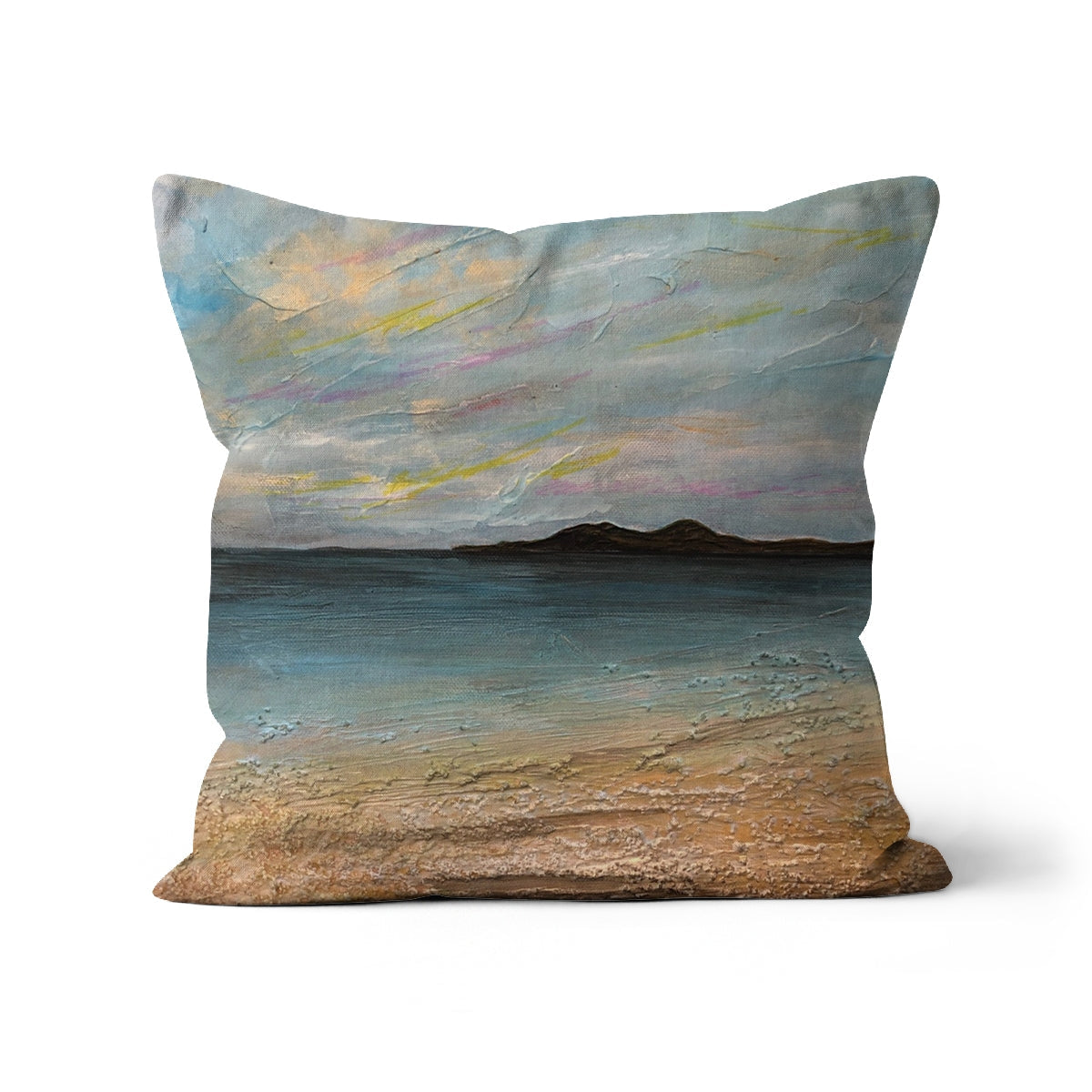 Garrynamoanie Beach South Uist cushion with textured fabric and ocean hues