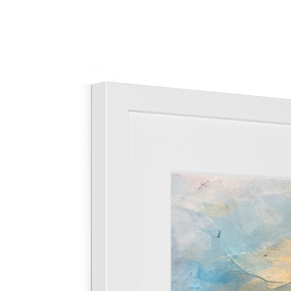 White framed minimalist Garrynamoanie Beach art print in light blue and beige