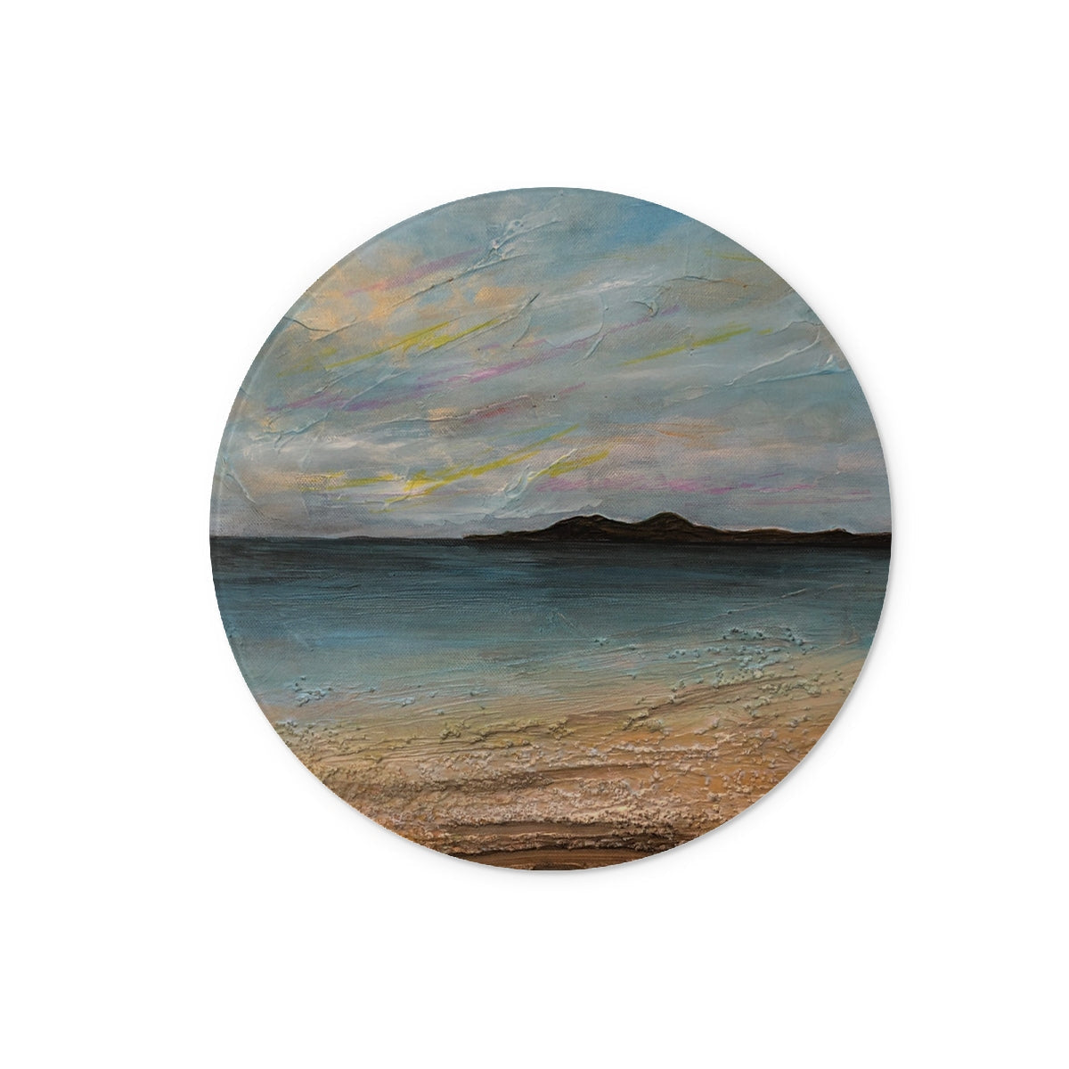 Garrynamoanie Beach South Uist glass chopping board with circular sand and water design