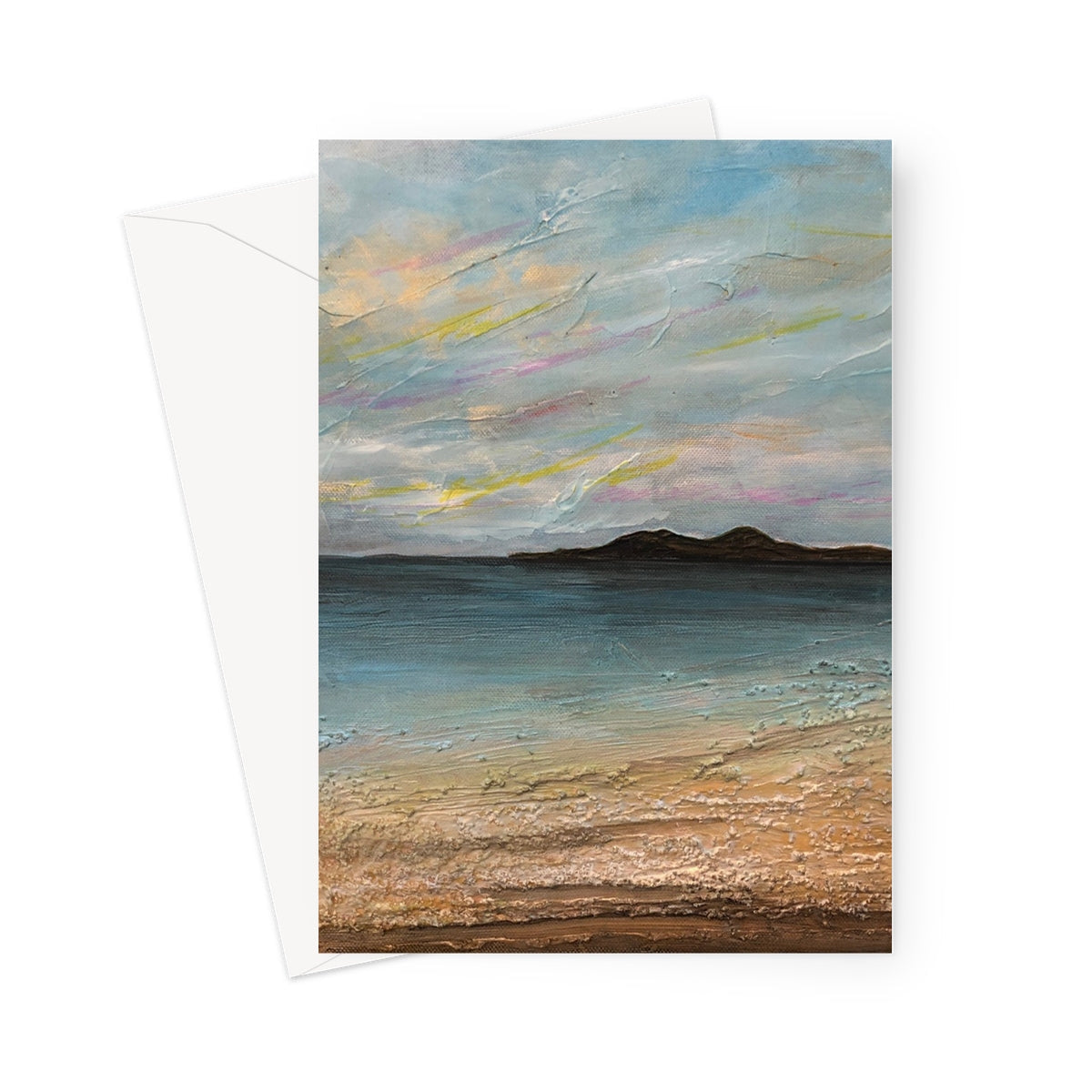 Garrynamoanie Beach South Uist greeting card with textured sand and muted blue tones