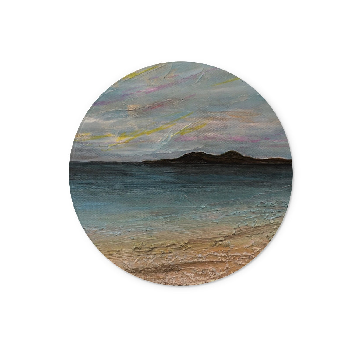 Garrynamonie Beach South Uist Art Gifts Glass Chopping Board-Glass Chopping Boards-Hebridean Islands Art Gallery-12" Round-Paintings, Prints, Homeware, Art Gifts From Scotland By Scottish Artist Kevin Hunter