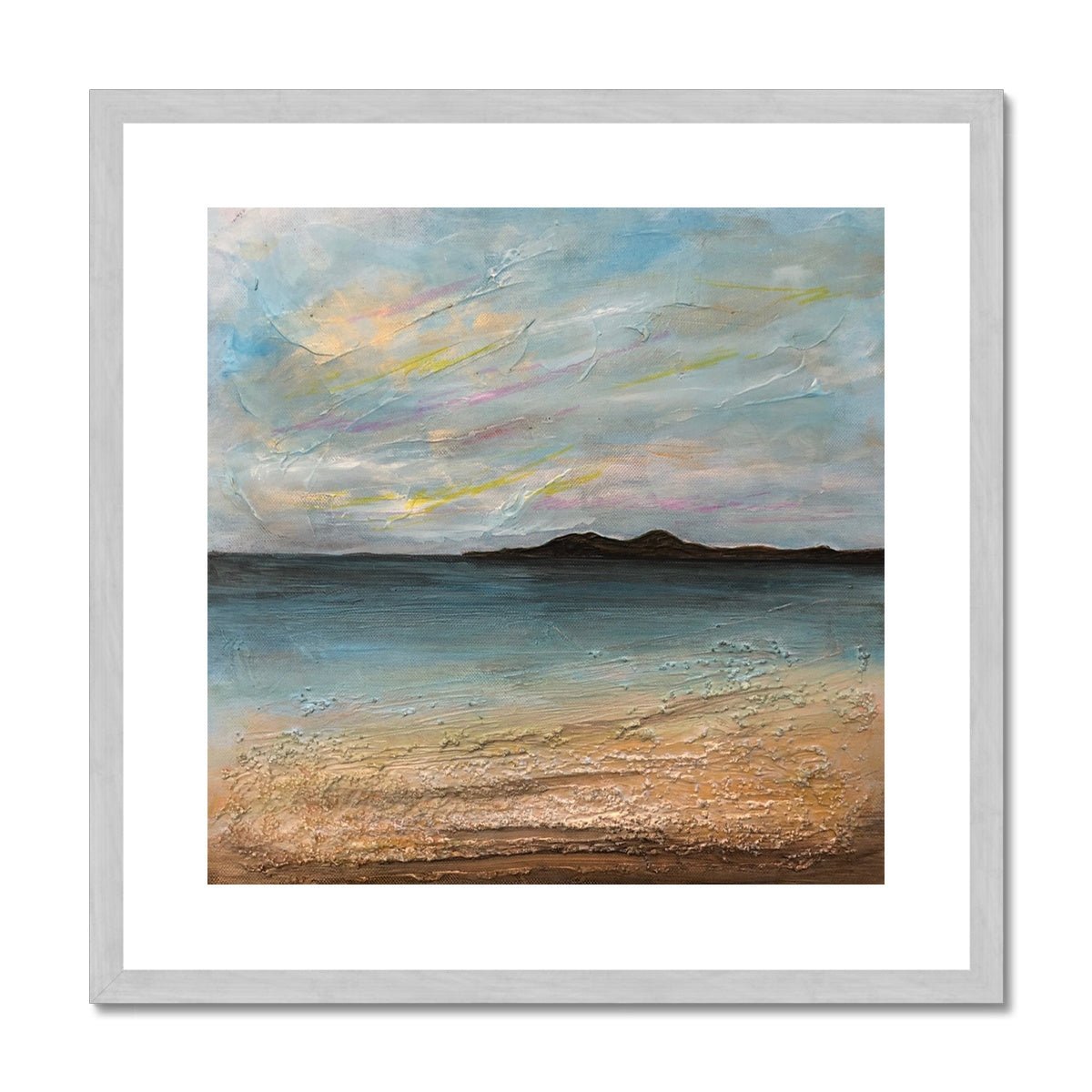 Garrynamonie Beach South Uist Painting | Antique Framed & Mounted Prints From Scotland-Antique Framed & Mounted Prints-Hebridean Islands Art Gallery-20"x20"-Silver Frame-Paintings, Prints, Homeware, Art Gifts From Scotland By Scottish Artist Kevin Hunter