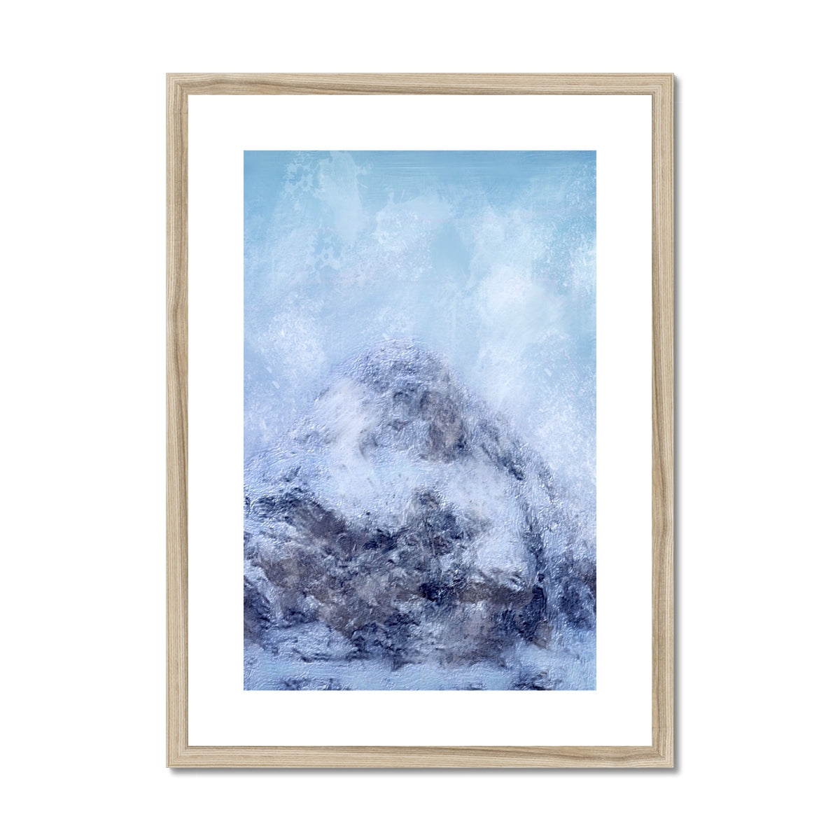 Gearr Aonach Glencoe Snow blue wave art print in natural wood frame