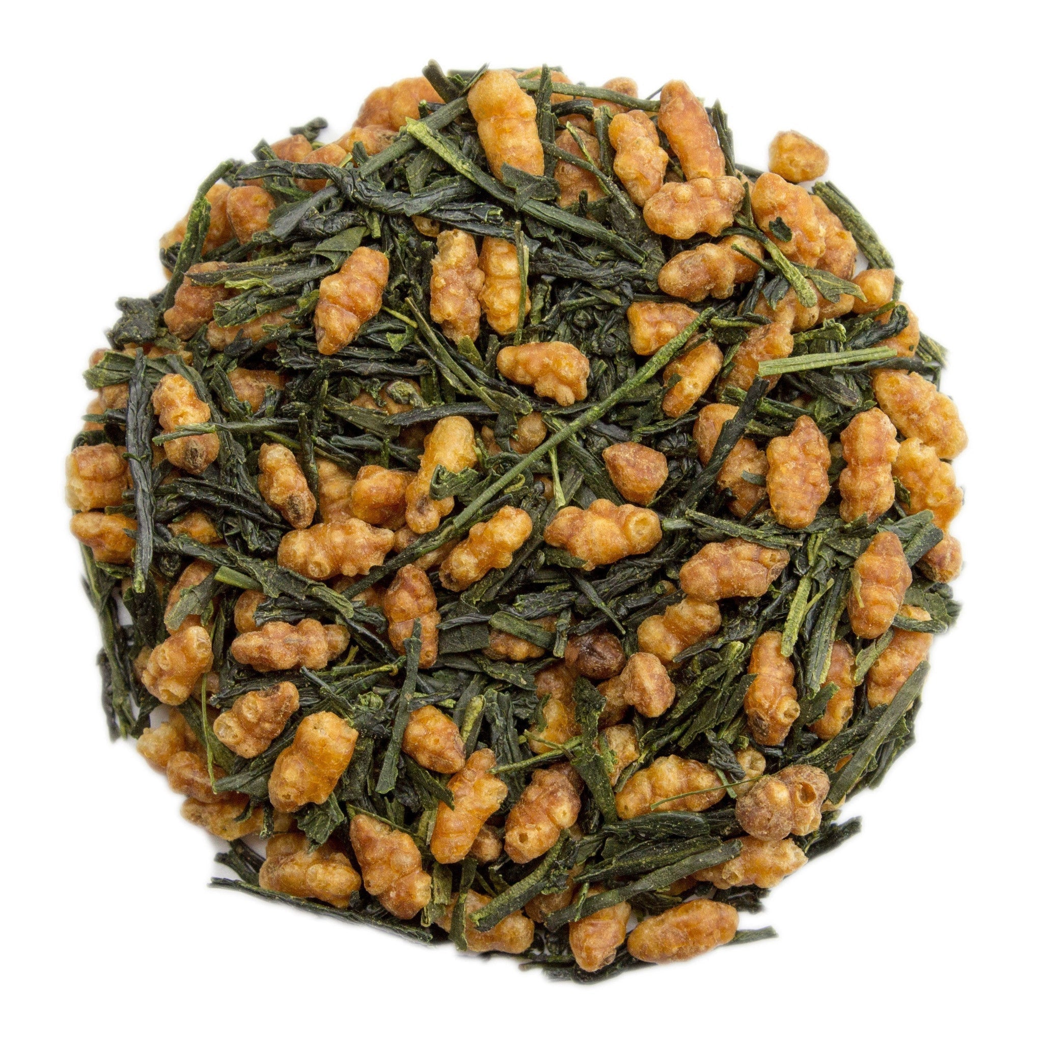 Vibrant green and golden-brown Genmaicha green tea leaves in twisted shapes