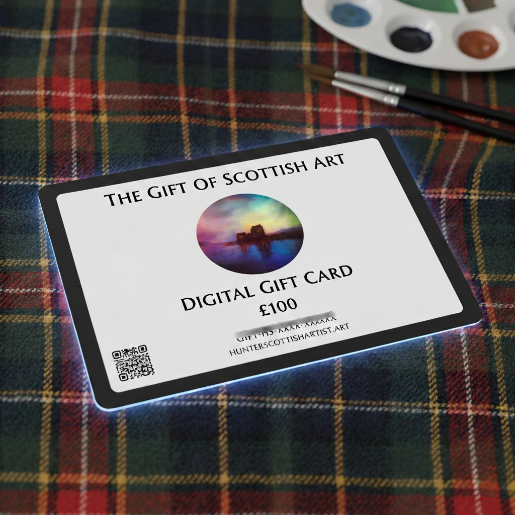 White digital gift card for Scottish art, £100 voucher on plaid surface