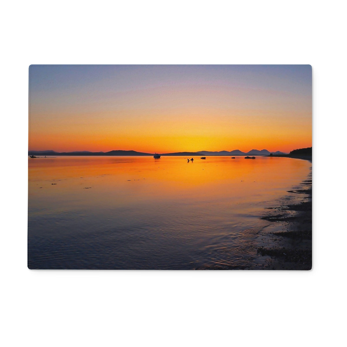 Gigha and Jura sunset beach scene magnet on glass chopping board