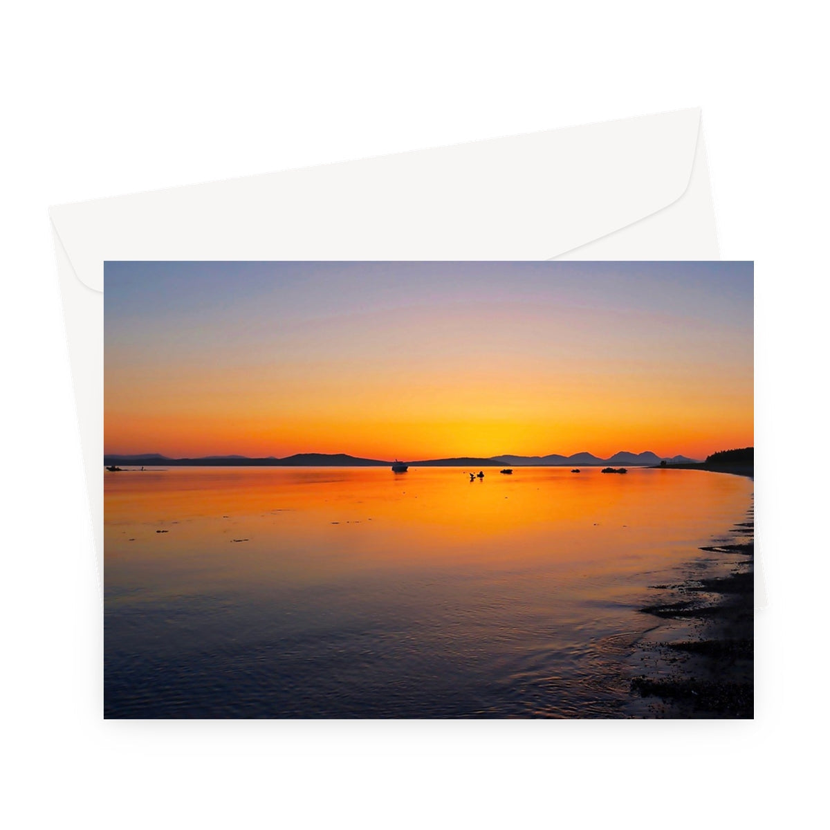 Gigha & Jura Sunset Greeting Card: vibrant orange beach scene