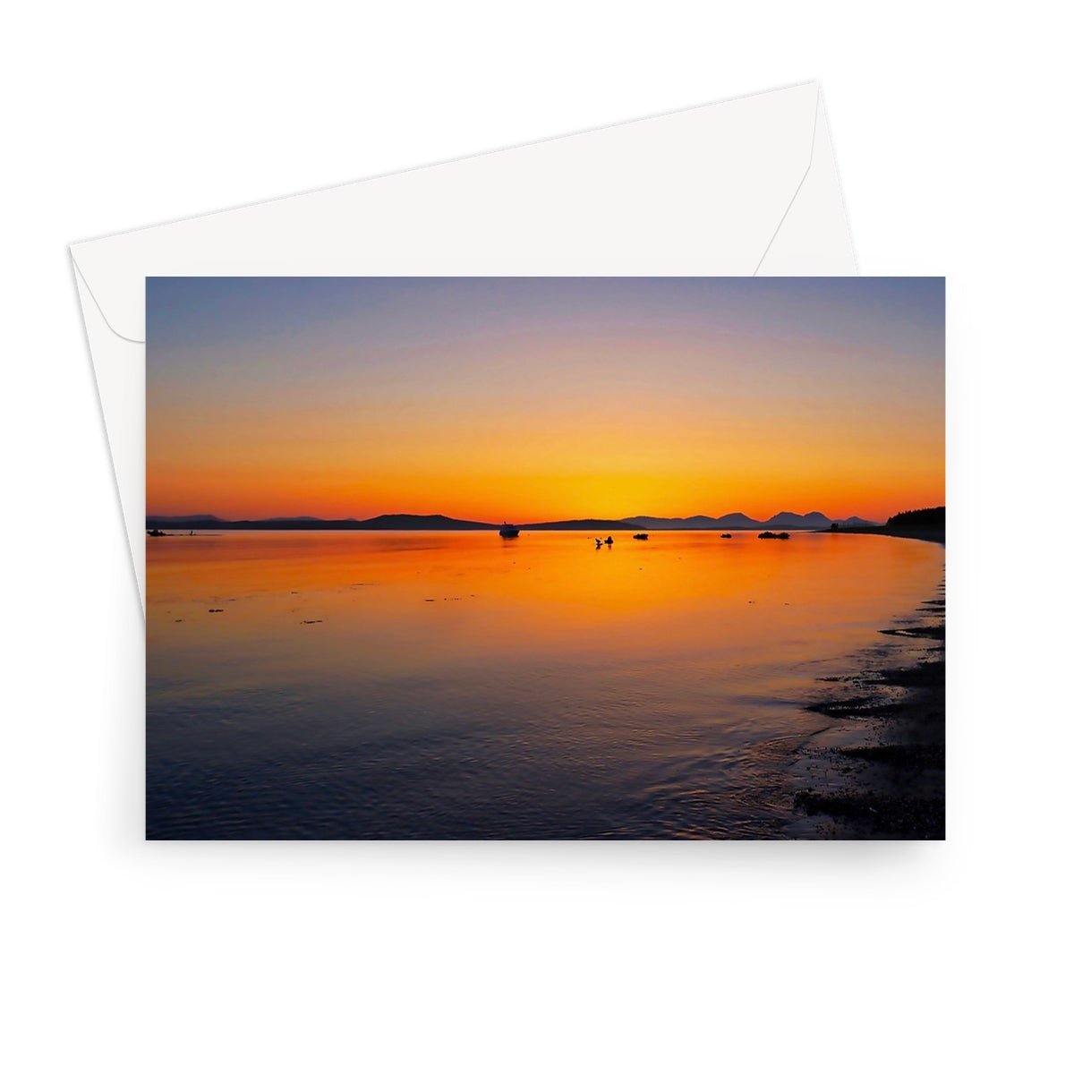 Gigha & Jura Sunset greeting card with vibrant orange beach scene