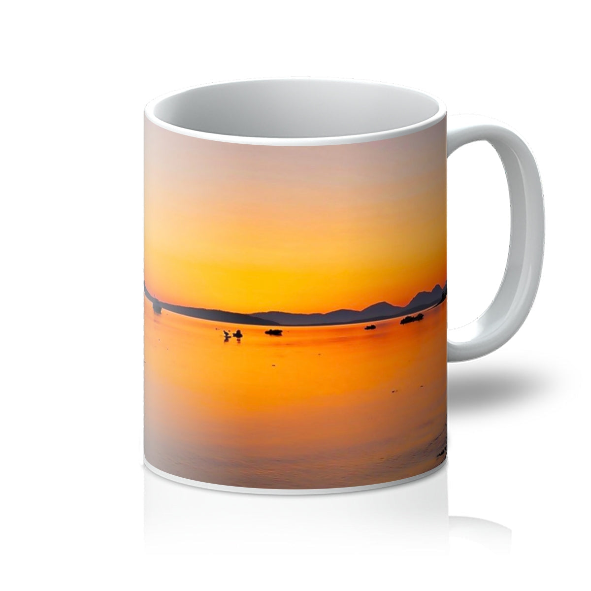 Gigha & Jura Sunset Mug: Ceramic with orange-yellow gradient and horizon silhouettes