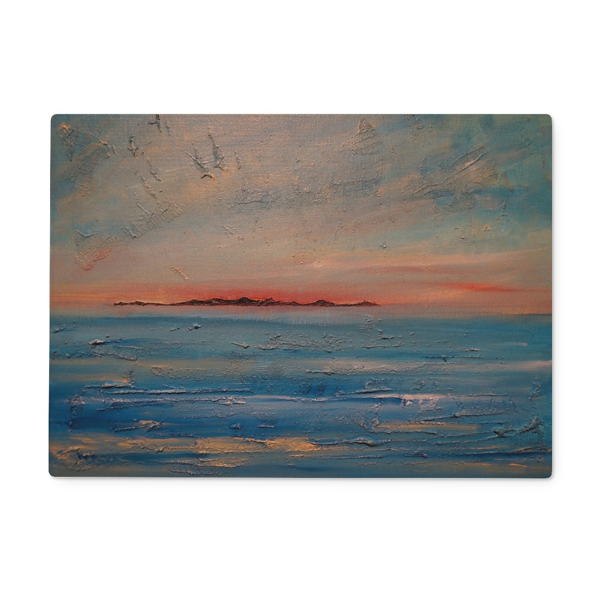 Gigha Sunset Art Gifts Glass Chopping Board-Glass Chopping Boards-Hebridean Islands Art Gallery-15"x11" Rectangular-Paintings, Prints, Homeware, Art Gifts From Scotland By Scottish Artist Kevin Hunter