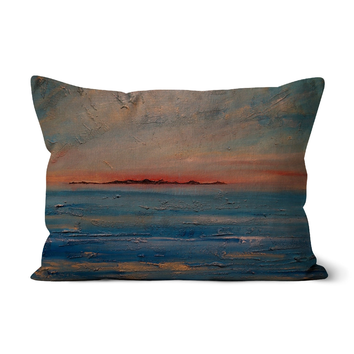 Gigha Sunset Cushion: ocean sunset pillow in soft blues and oranges