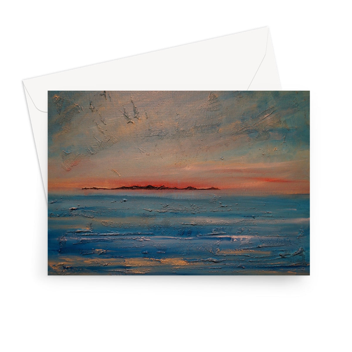 Gigha Sunset Greeting Card: Beach Sunset with Textured Surface and White Envelope
