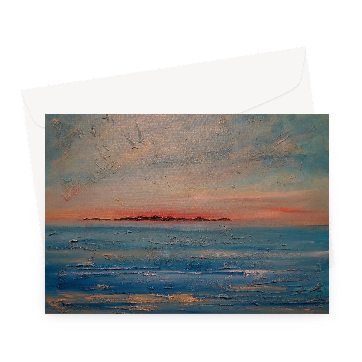 Vibrant ocean sunset greeting card with textured design, Gigha Sunset