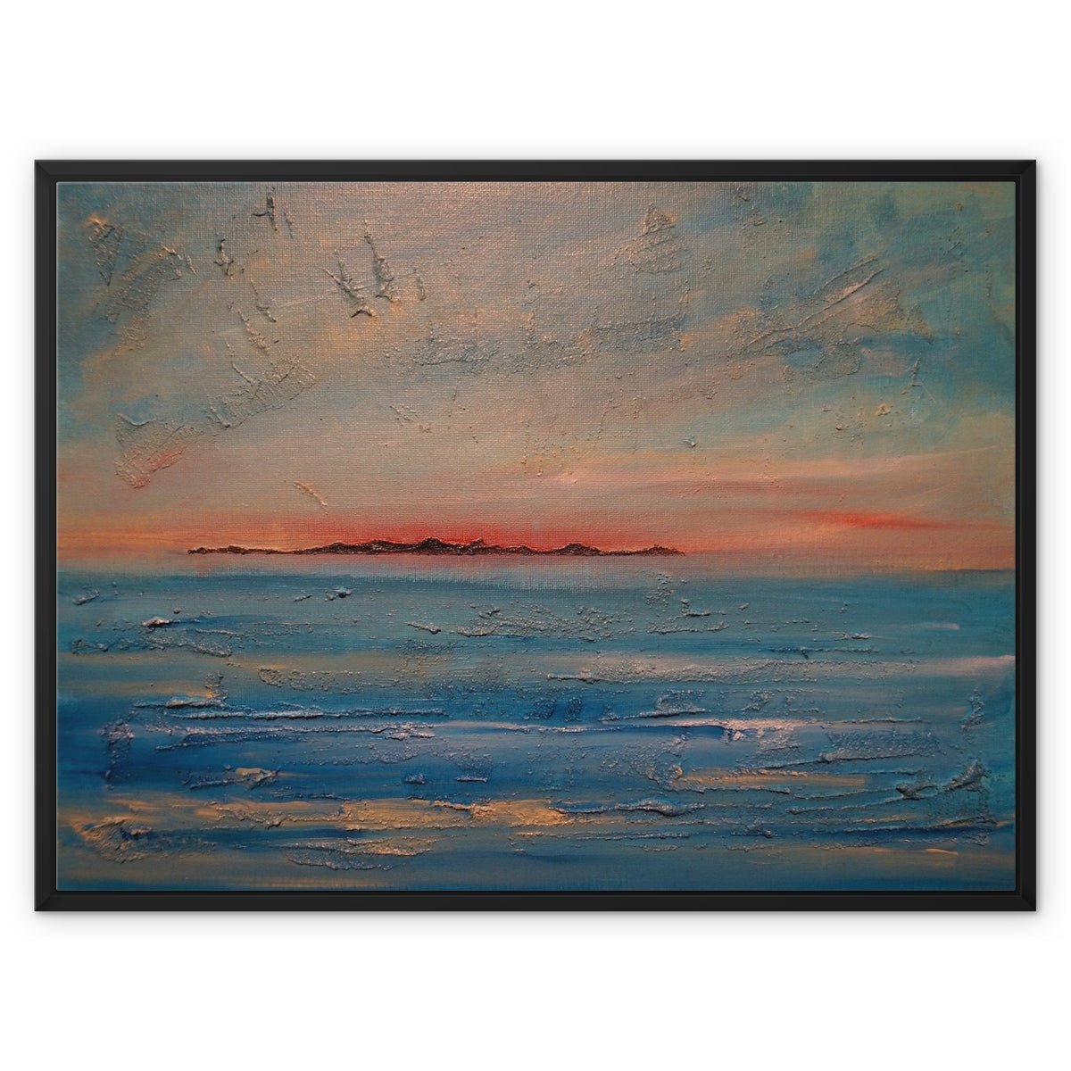 Gigha Sunset Painting | Framed Canvas From Scotland-Floating Framed Canvas Prints-Hebridean Islands Art Gallery-32"x24"-Black Frame-Paintings, Prints, Homeware, Art Gifts From Scotland By Scottish Artist Kevin Hunter