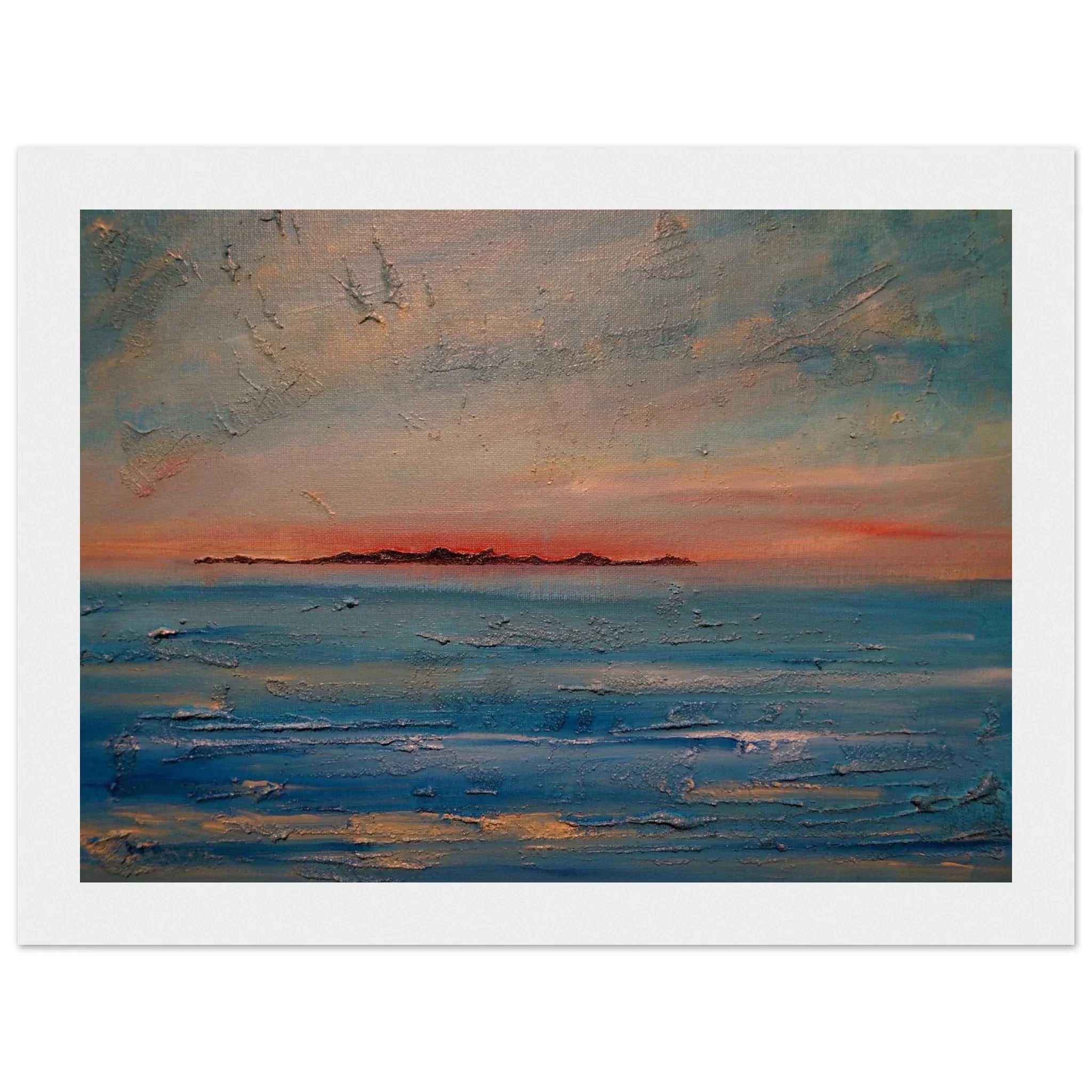 Textured oil painting of Gigha Sunset over Scottish ocean in blue, orange, gray