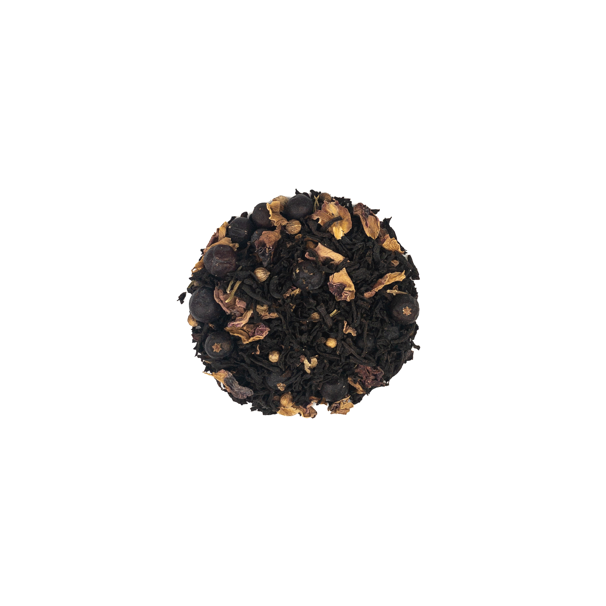 A circular arrangement of gin tea and roses black tea leaves mixed with dried golden and reddish-brown fruit pieces