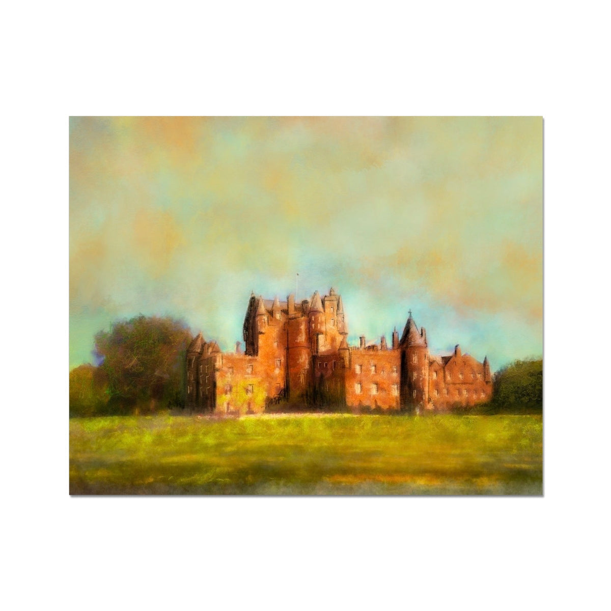 Impressionistic painting of Glamis Castle with towers, red-orange walls, green fields, and colorful sky