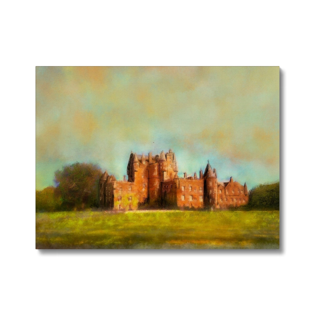 Glamis Castle red brick wall plaque with gold accents on green background