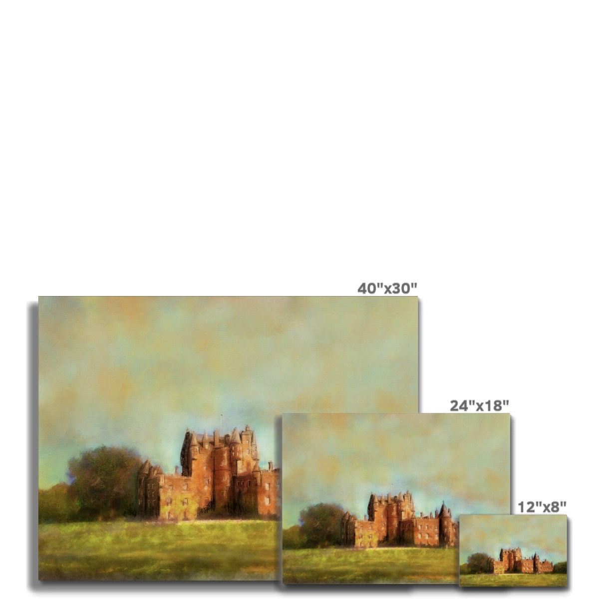 Glamis Castle 40x30 inch canvas print with red bricks, green fields, blue sky