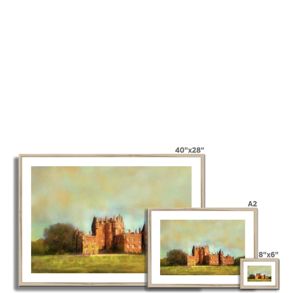 Set of three framed landscape prints of Glamis Castle in varying sizes for elegant wall decor