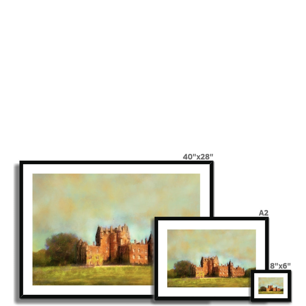 Framed landscape print of Glamis Castle with green field for home decor display