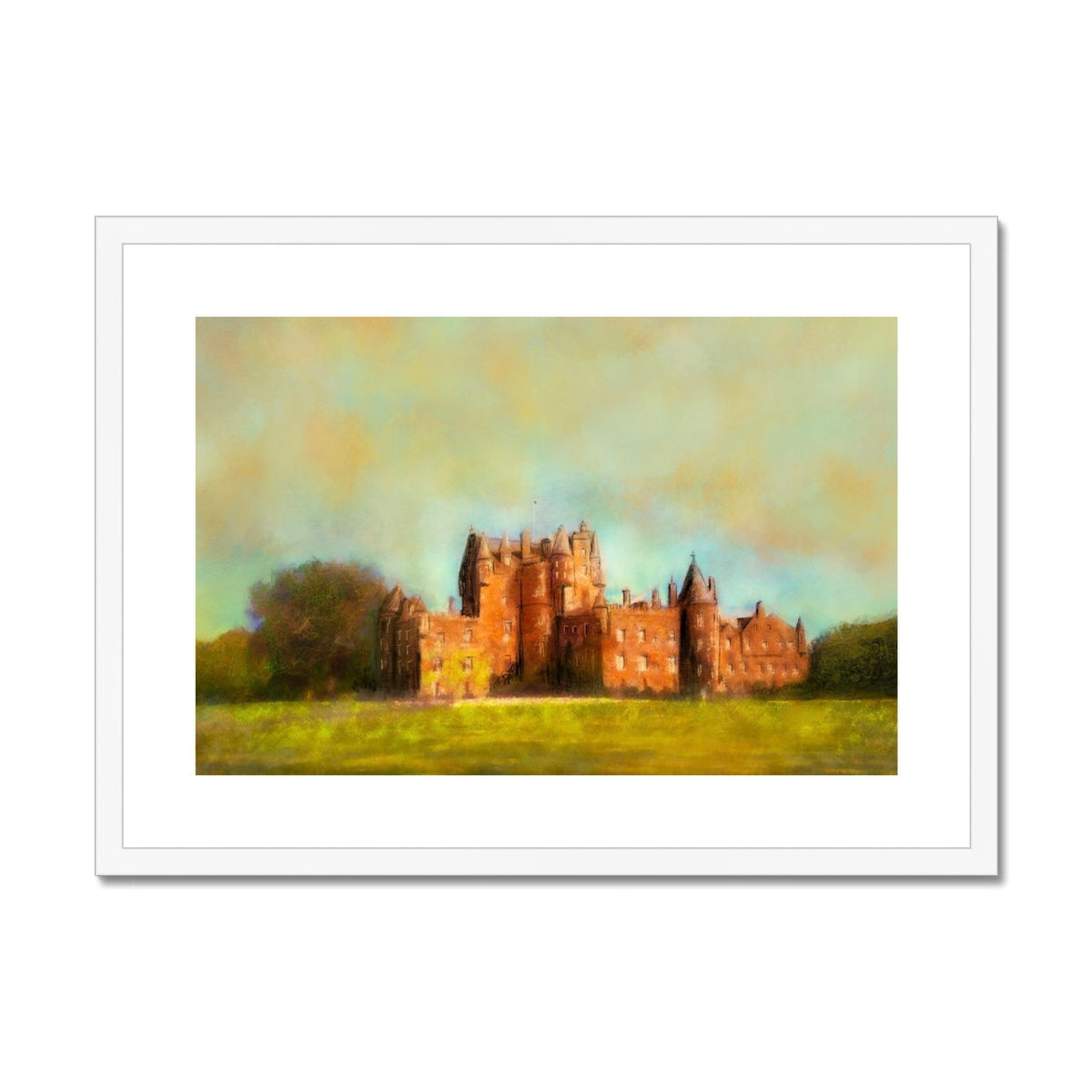 Framed artistic print of Glamis Castle with vibrant green foreground and soft sky