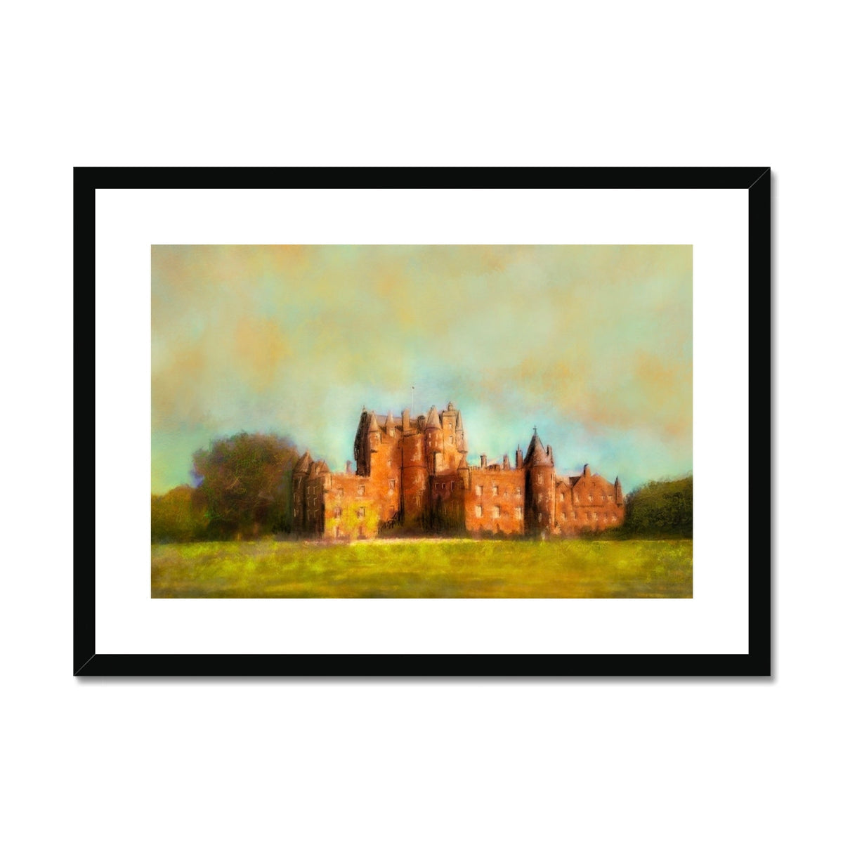 Framed oil painting of Glamis Castle in a field, displayed as a mounted print