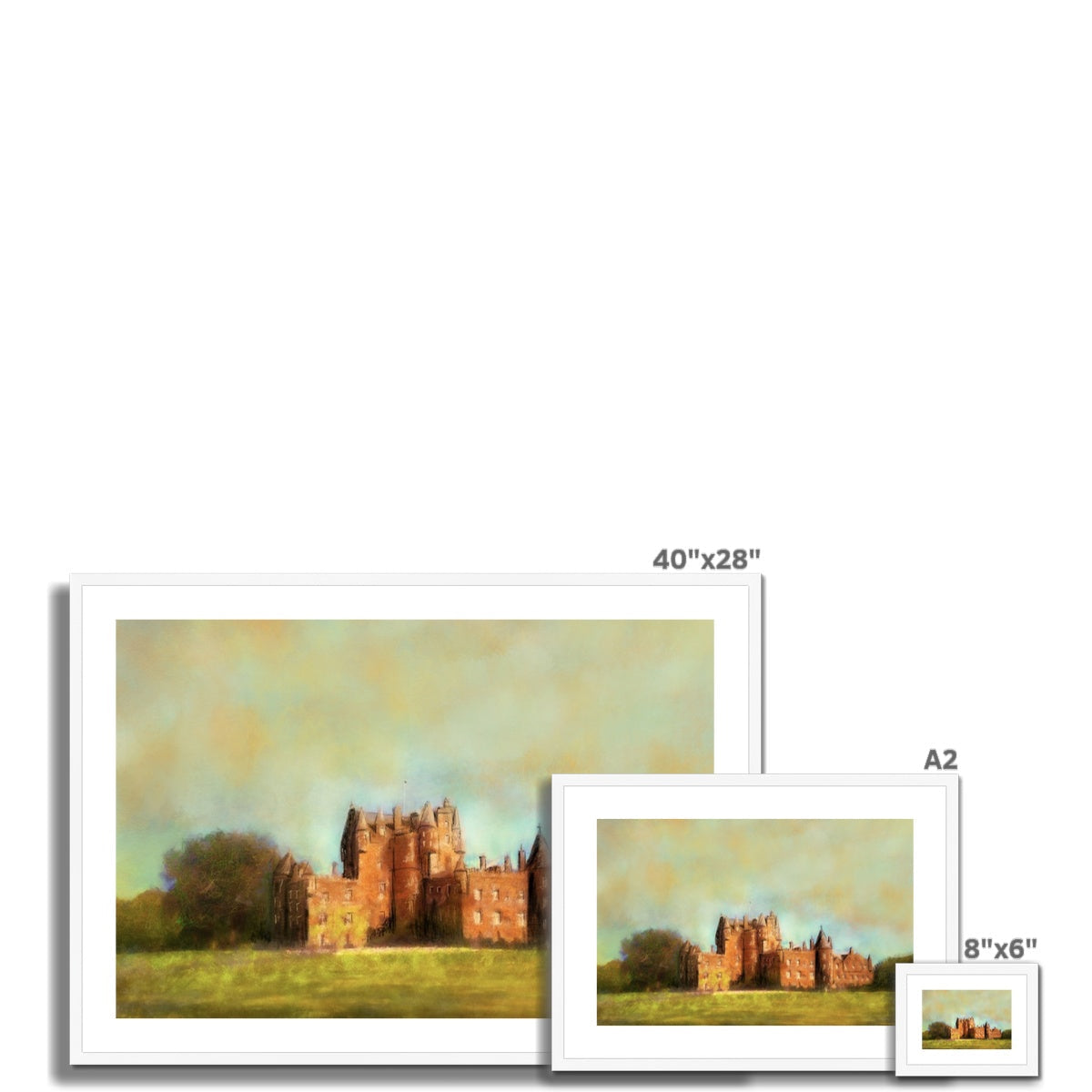 Set of three framed landscape paintings of Glamis Castle for wall decor