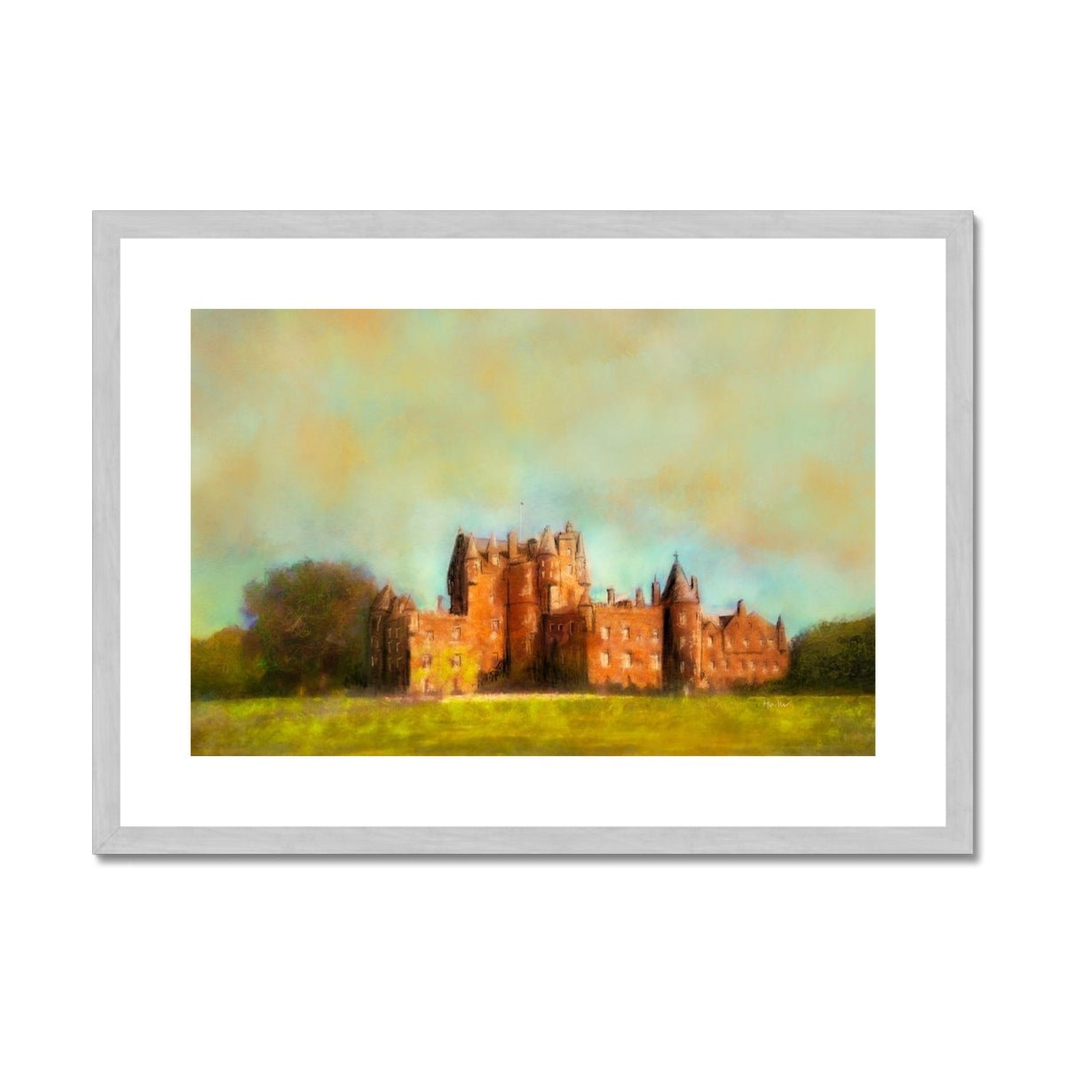 Glamis Castle Painting | Antique Framed & Mounted Prints From Scotland-Antique Framed & Mounted Prints-Scottish Castles Art Gallery-A2 Landscape-Silver Frame-Paintings, Prints, Homeware, Art Gifts From Scotland By Scottish Artist Kevin Hunter