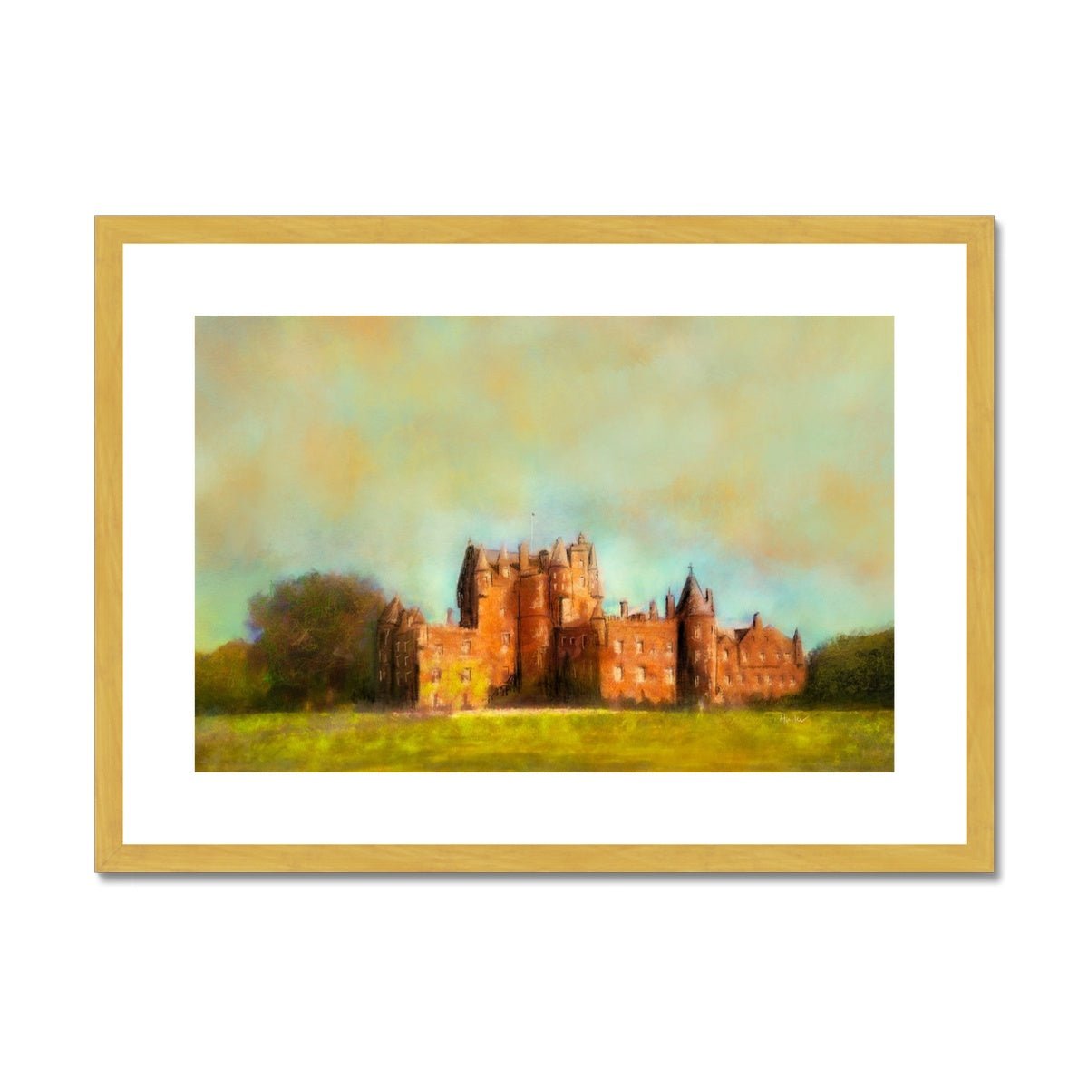 Glamis Castle Painting | Antique Framed & Mounted Prints From Scotland-Antique Framed & Mounted Prints-Scottish Castles Art Gallery-A2 Landscape-Gold Frame-Paintings, Prints, Homeware, Art Gifts From Scotland By Scottish Artist Kevin Hunter