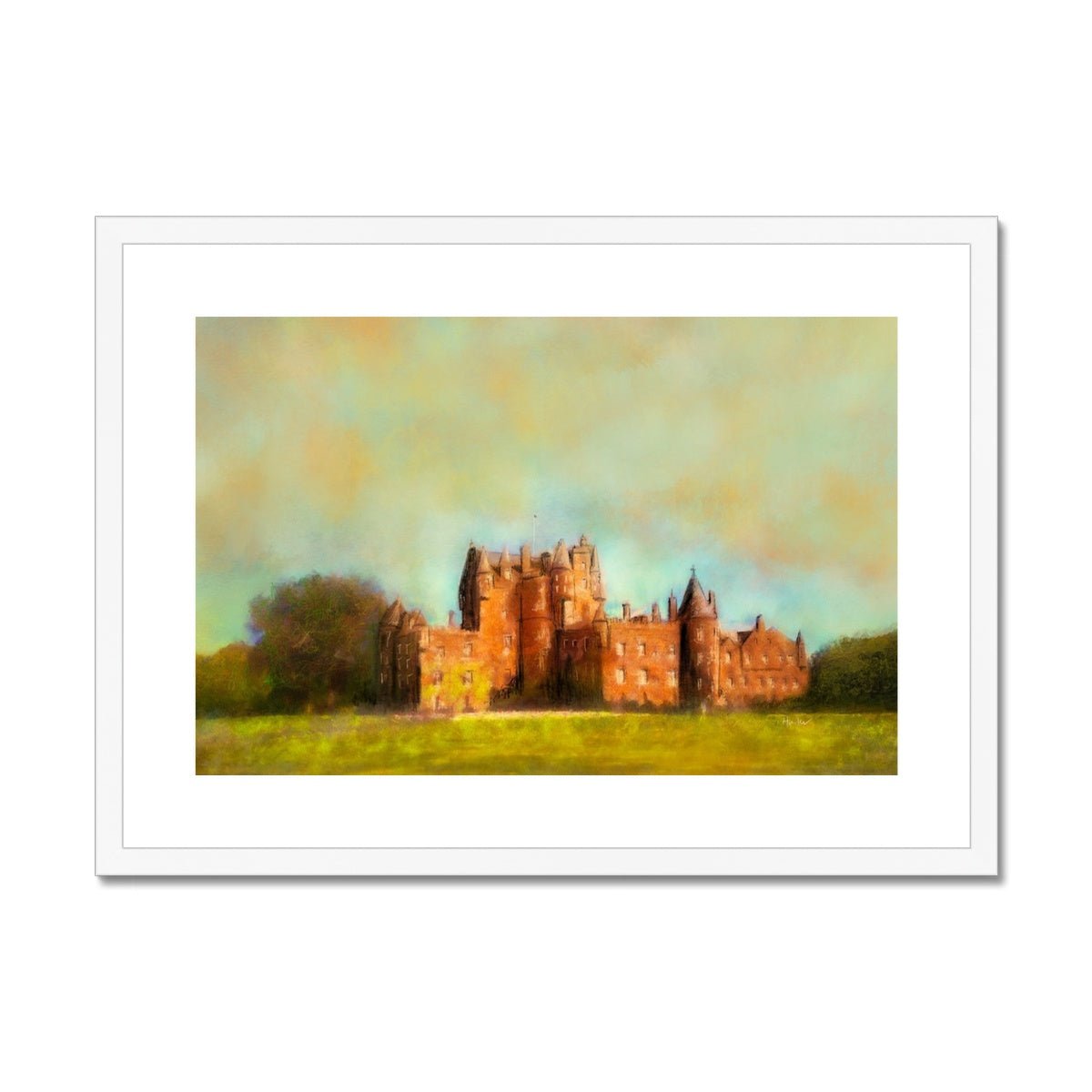 Glamis Castle Painting | Framed & Mounted Prints From Scotland-Framed & Mounted Prints-Scottish Castles Art Gallery-A2 Landscape-White Frame-Paintings, Prints, Homeware, Art Gifts From Scotland By Scottish Artist Kevin Hunter