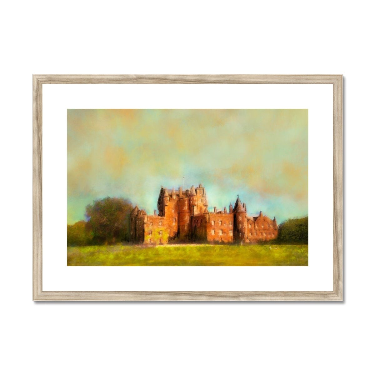 Glamis Castle Painting | Framed & Mounted Prints From Scotland-Framed & Mounted Prints-Scottish Castles Art Gallery-A2 Landscape-Natural Frame-Paintings, Prints, Homeware, Art Gifts From Scotland By Scottish Artist Kevin Hunter