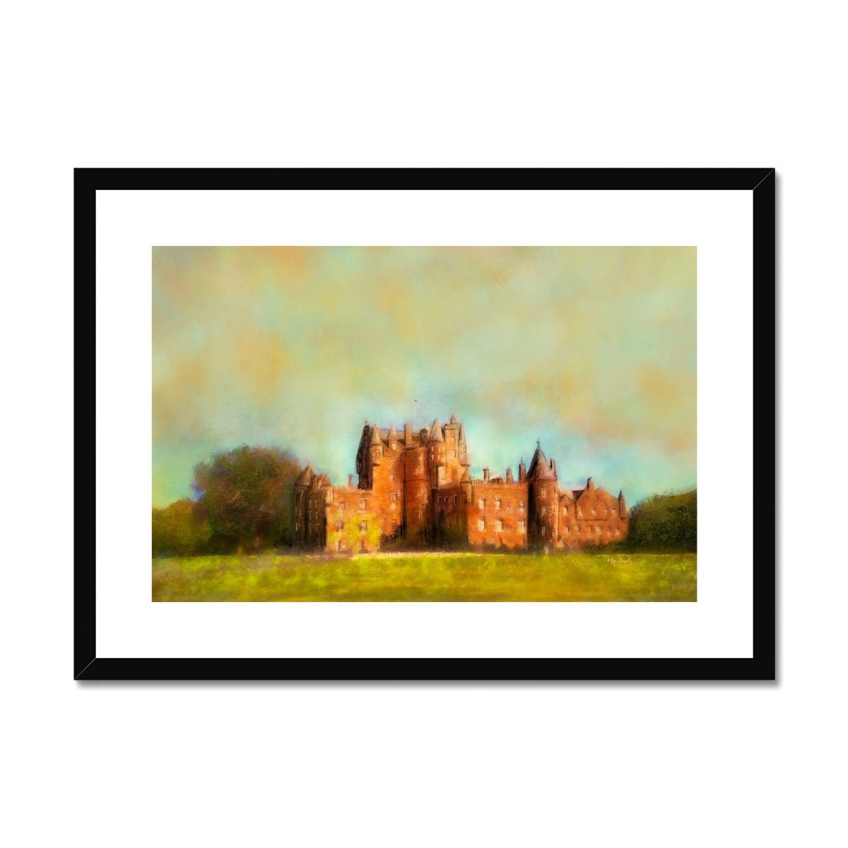Glamis Castle Painting | Framed & Mounted Prints From Scotland-Framed & Mounted Prints-Scottish Castles Art Gallery-A2 Landscape-Black Frame-Paintings, Prints, Homeware, Art Gifts From Scotland By Scottish Artist Kevin Hunter