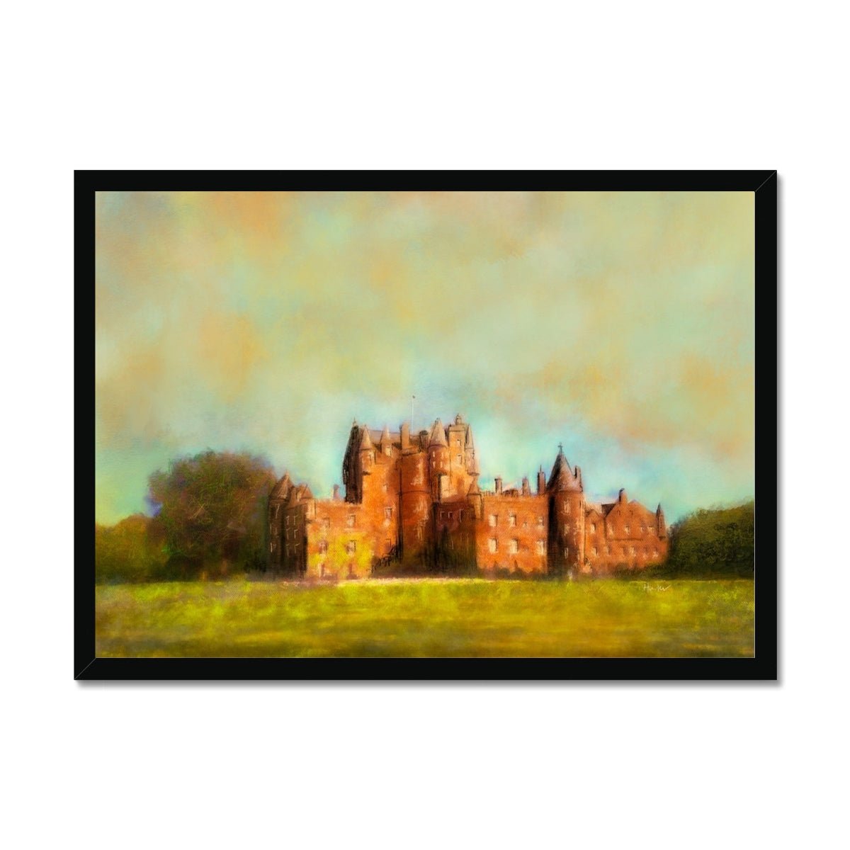 Glamis Castle Painting | Framed Prints From Scotland-Framed Prints-Historic & Iconic Scotland Art Gallery-A2 Landscape-Black Frame-Paintings, Prints, Homeware, Art Gifts From Scotland By Scottish Artist Kevin Hunter